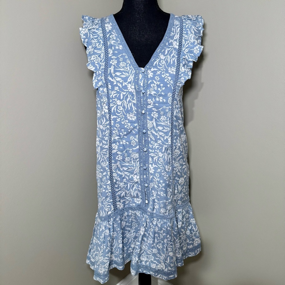 Lucky Brand Lace Trim Ruffle Shoulder Flounce Floral Mini Dress blue size XS